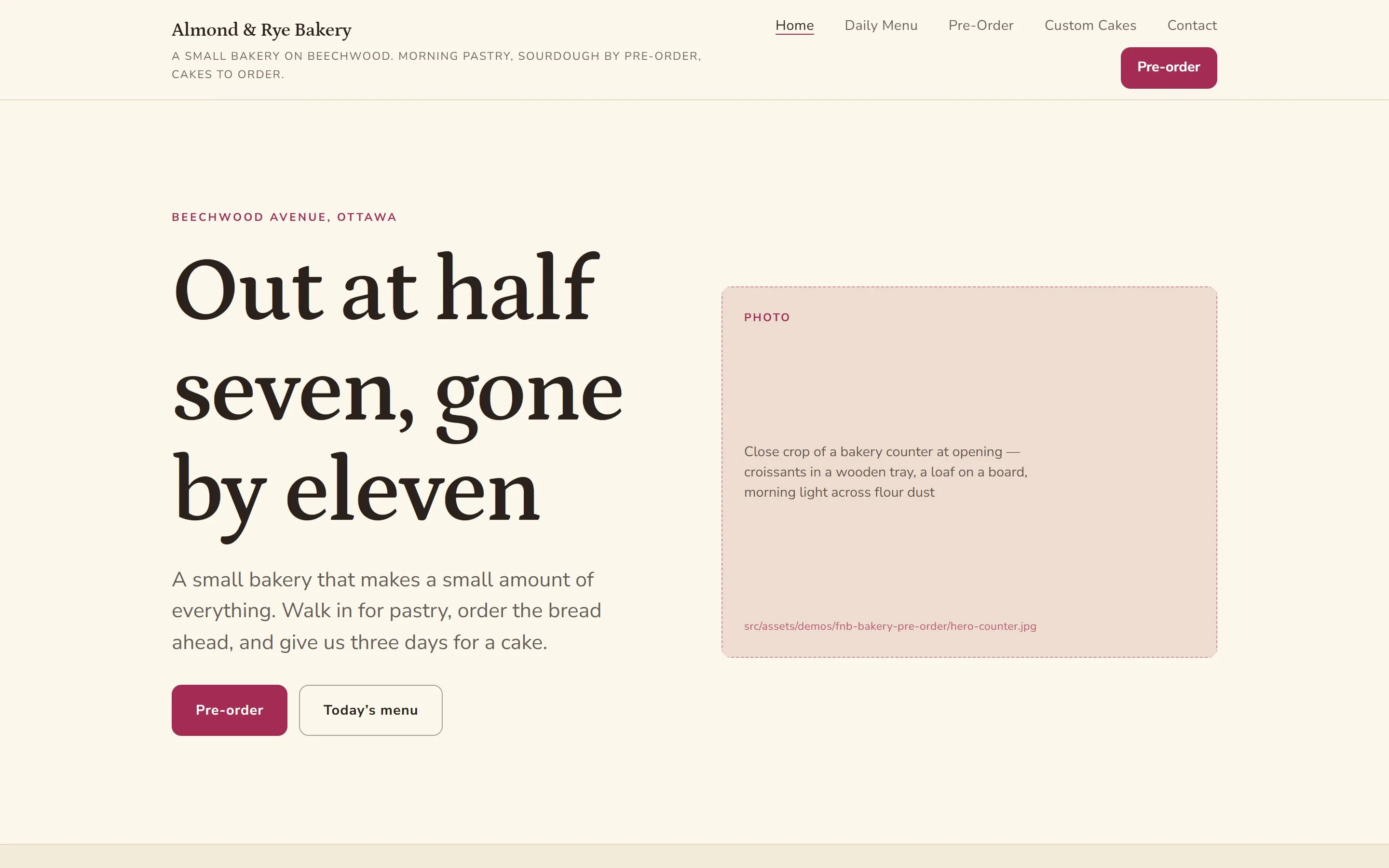 The almondandrye.ca sample site, landing page