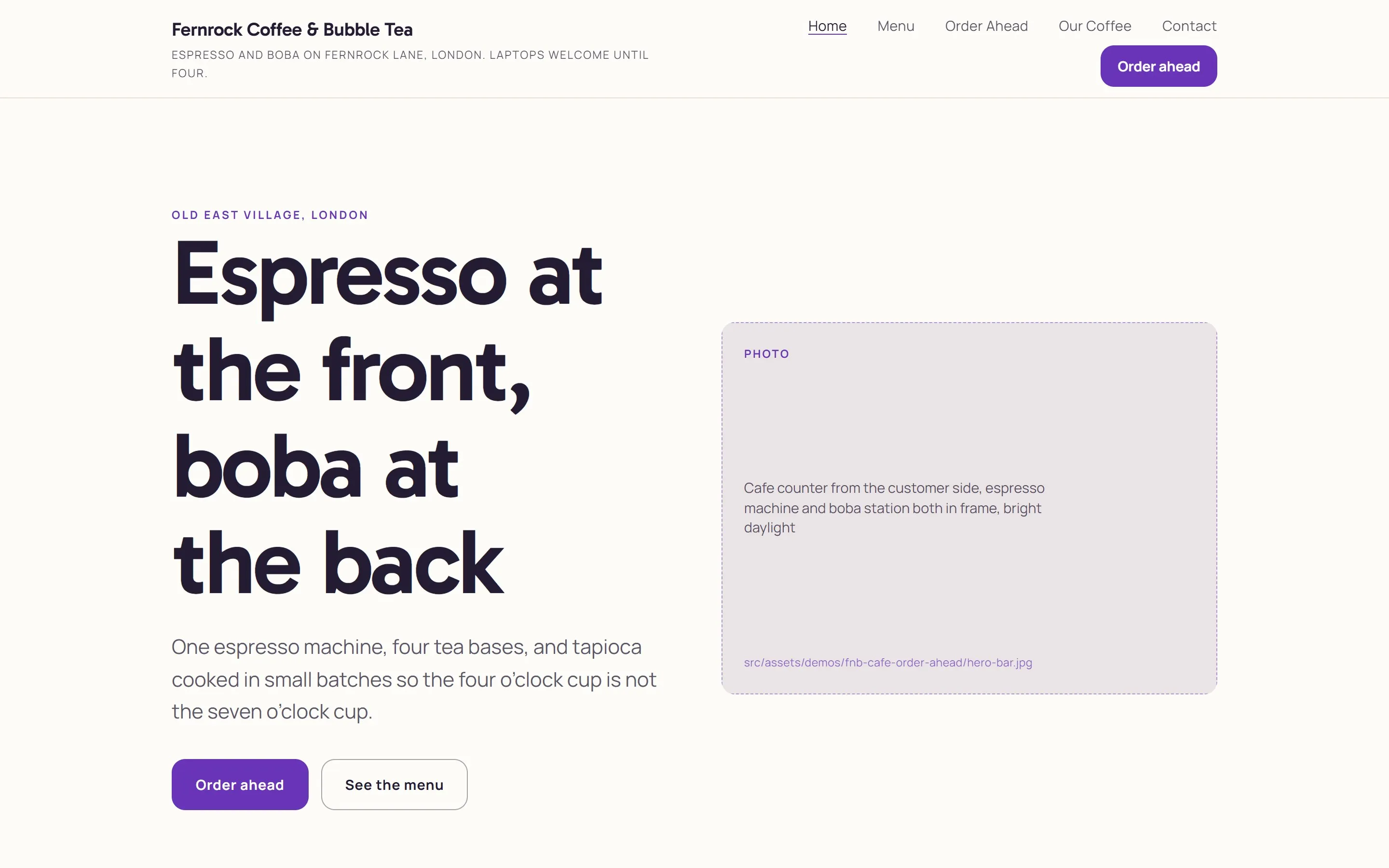 The fernrockcoffee.ca sample site, landing page