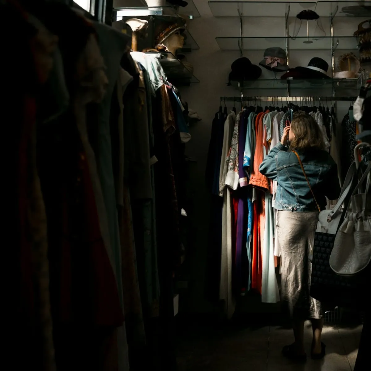 A shopper browsing a densely packed clothing rack in a dimly lit store