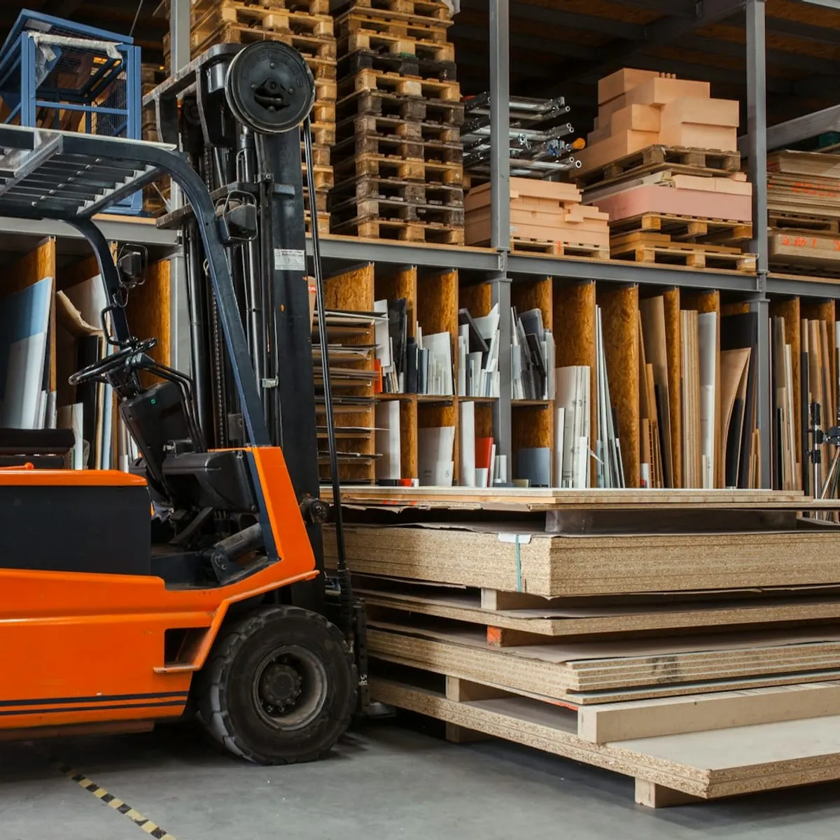 A forklift parked in front of racking stacked with timber in a supply warehouse